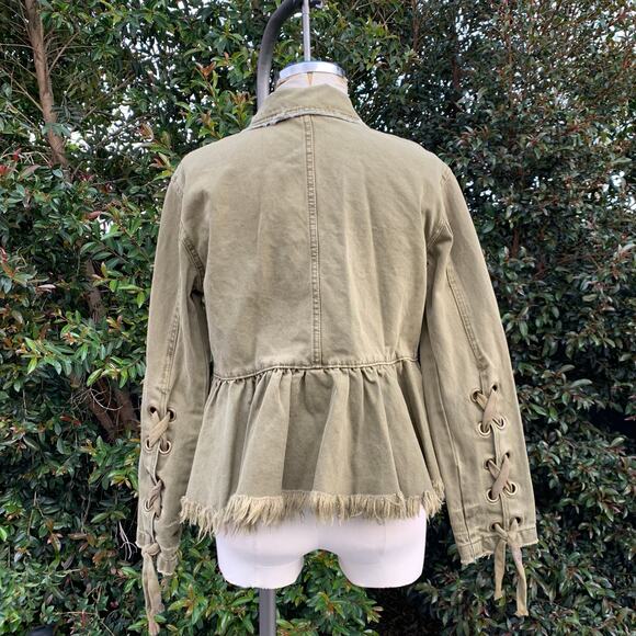 Free People Willow Cotton Denim Khaki Ruffled Jacket Women’s XS - Picture 4 of 10